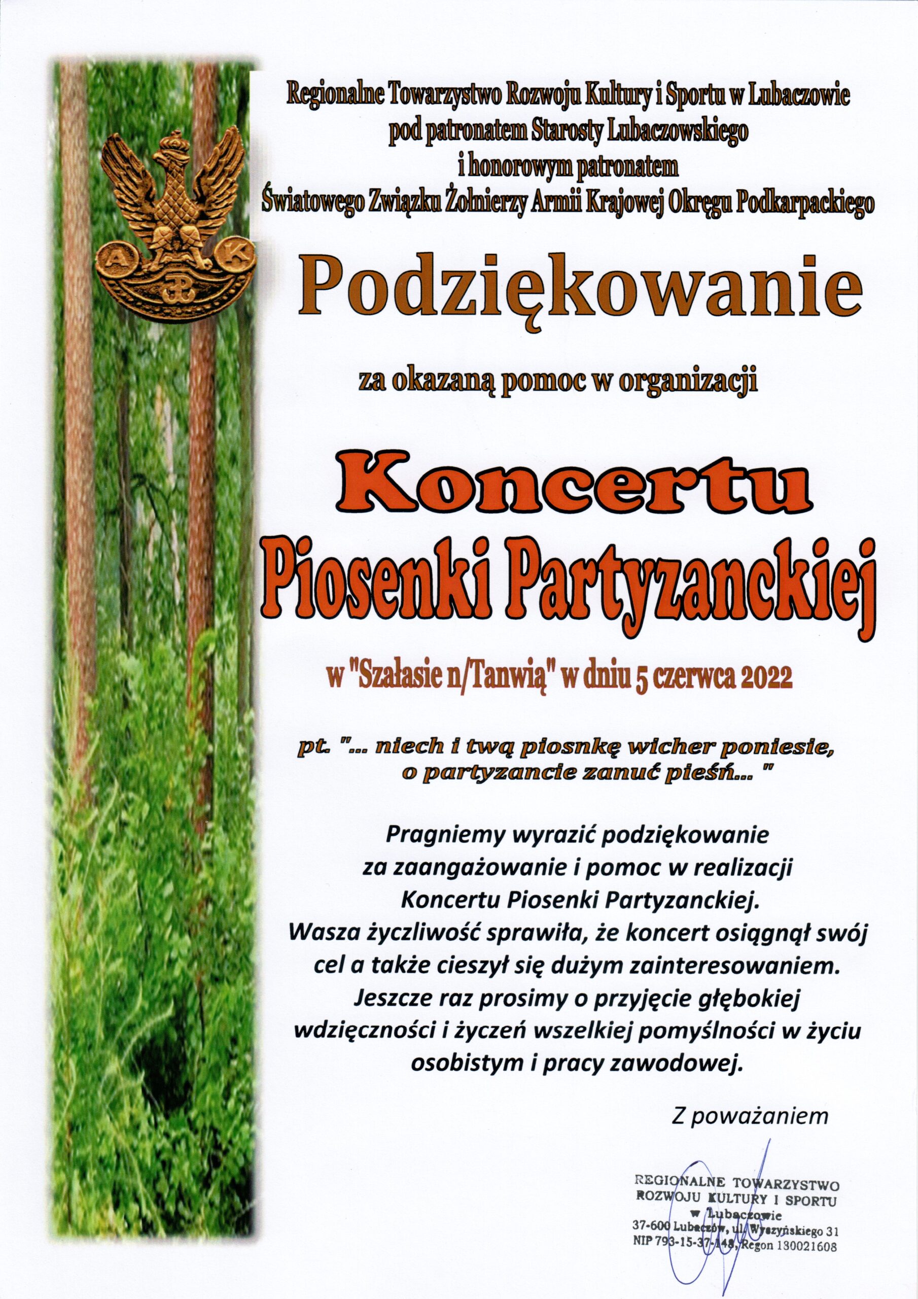 You are currently viewing Podziękowania – Koncert Piosenki Partyzanckiej w Szałasie nad Tanwią